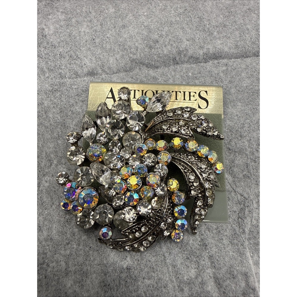 Vintage Antiquities Rhinestone Brooch Pin Aurora Borealis Clear Floral Statement